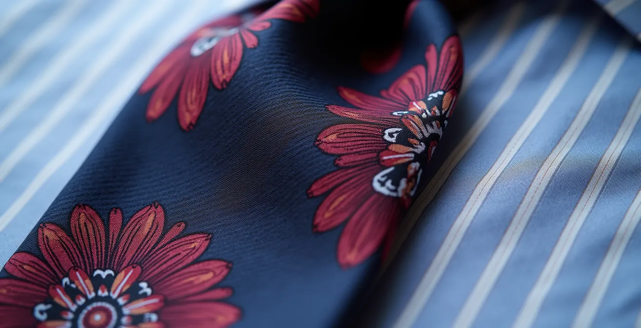 Dettaglio di una cravatta floreale abbinata a camicia a righe con colori coordinati