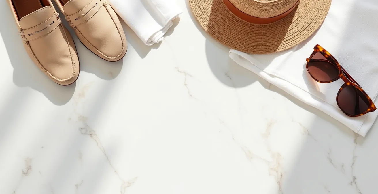 Composizione minimalista di accessori estivi in tonalità chiare per abito blu