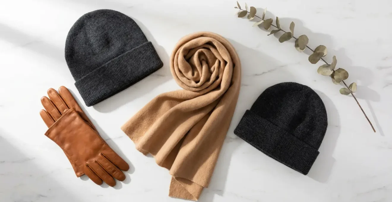 Accessori invernali eleganti disposti su superficie in marmo, sciarpa cashmere color cammello, cappello in lana grigia e guanti in pelle