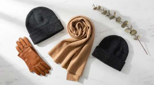 Accessori invernali eleganti disposti su superficie in marmo, sciarpa cashmere color cammello, cappello in lana grigia e guanti in pelle