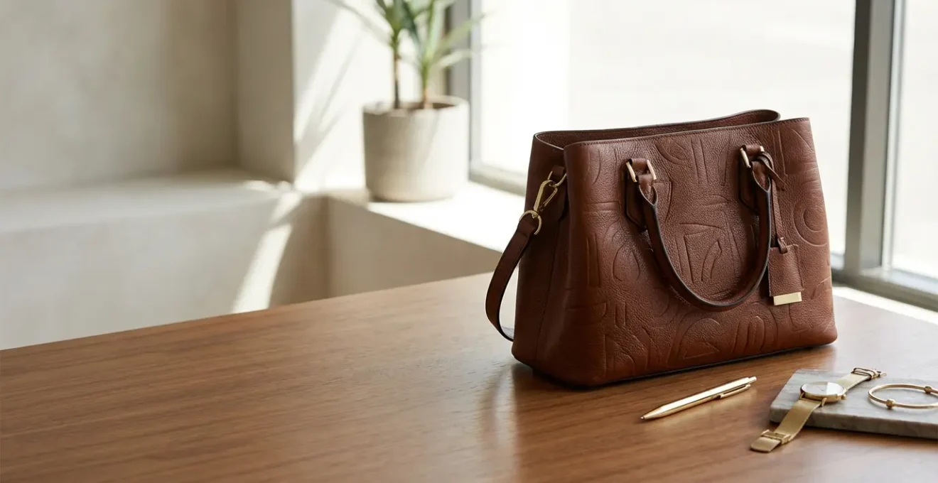 Una scrivania elegante con borsa in pelle personalizzata con monogramma dorato, accessori metallici coordinati e dettagli raffinati in un ambiente d'ufficio minimalista