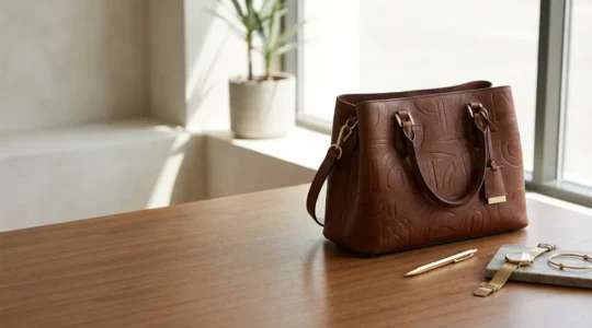 Una scrivania elegante con borsa in pelle personalizzata con monogramma dorato, accessori metallici coordinati e dettagli raffinati in un ambiente d'ufficio minimalista
