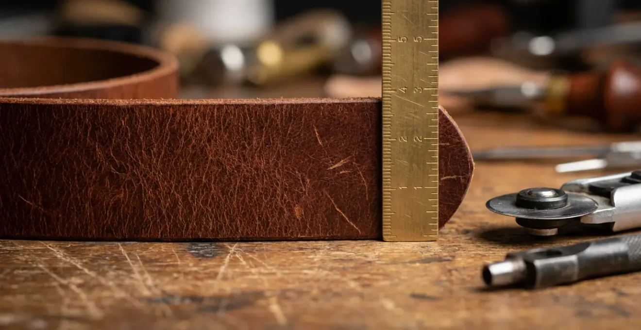 Attrezzi professionali per accorciare cintura in pelle su tavolo da lavoro artigianale