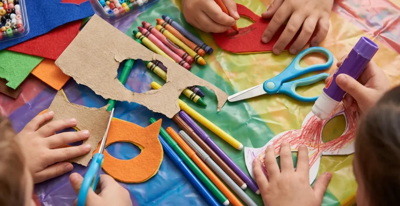 Stazione creativa organizzata con materiali artistici per bambini