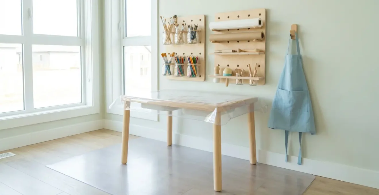 Angolo pittura per bambini con superfici protette e materiali organizzati