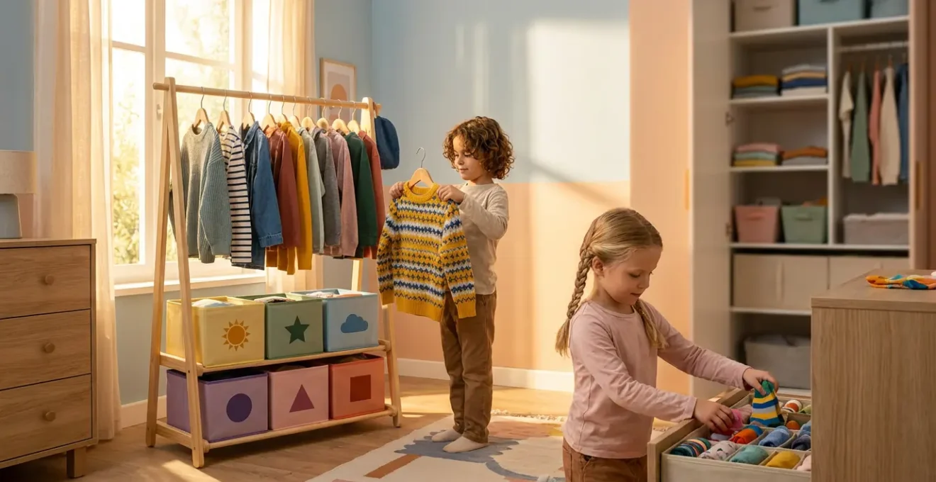 Bambini che preparano con gioia i vestiti per la scuola in una cameretta ordinata e luminosa