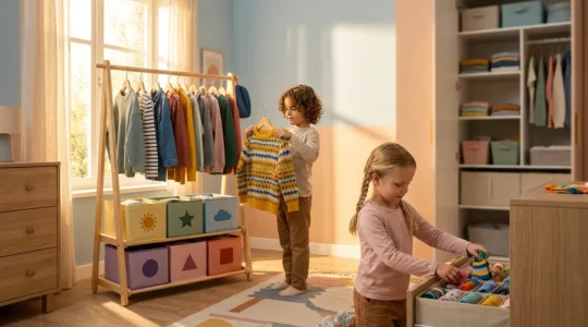 Bambini che preparano con gioia i vestiti per la scuola in una cameretta ordinata e luminosa