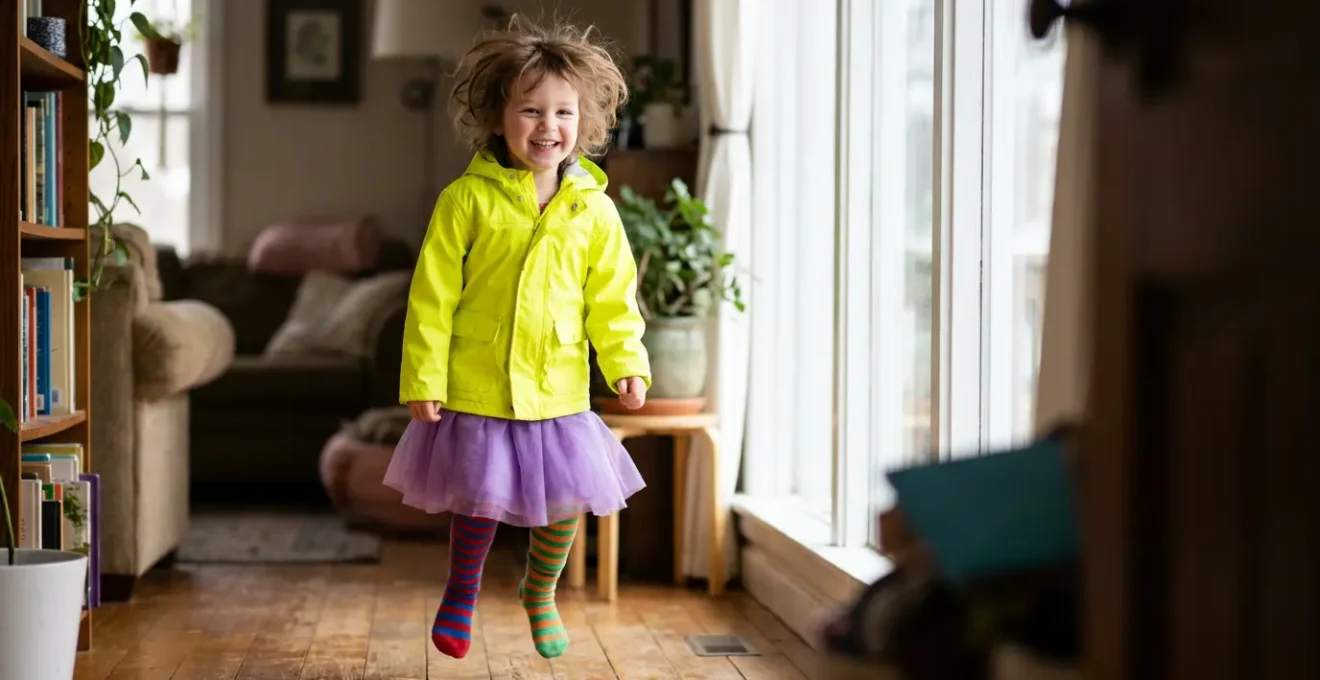 Bambino sorridente che indossa vestiti colorati mischiati con gioia e creatività