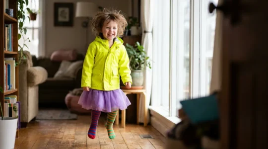Bambino sorridente che indossa vestiti colorati mischiati con gioia e creatività