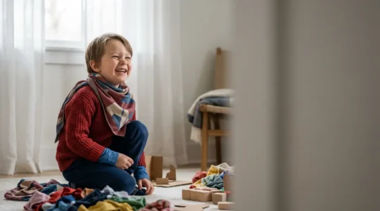 Bambino creativo che indossa vestiti colorati ispirati ai supereroi senza loghi visibili