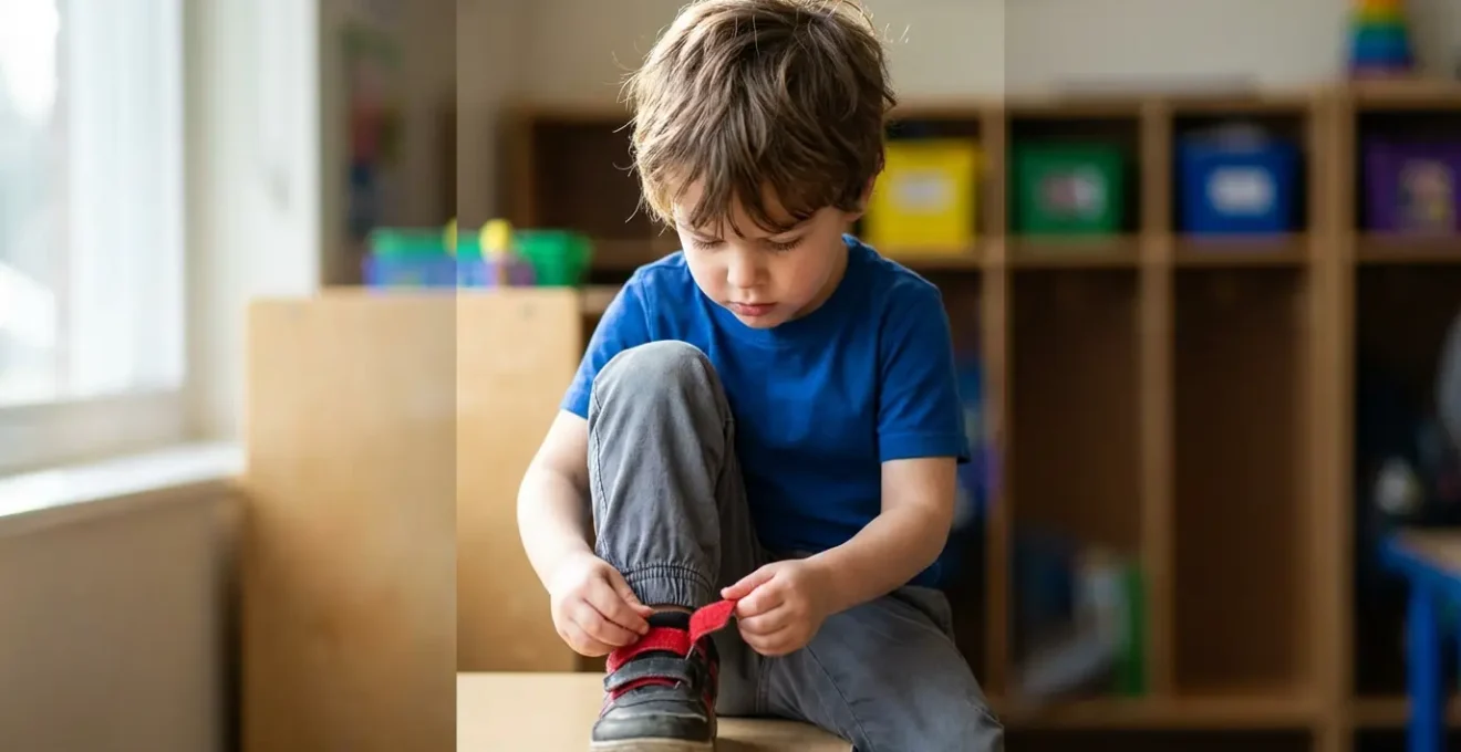 Bambino che si allaccia da solo le scarpe con chiusura a velcro in classe