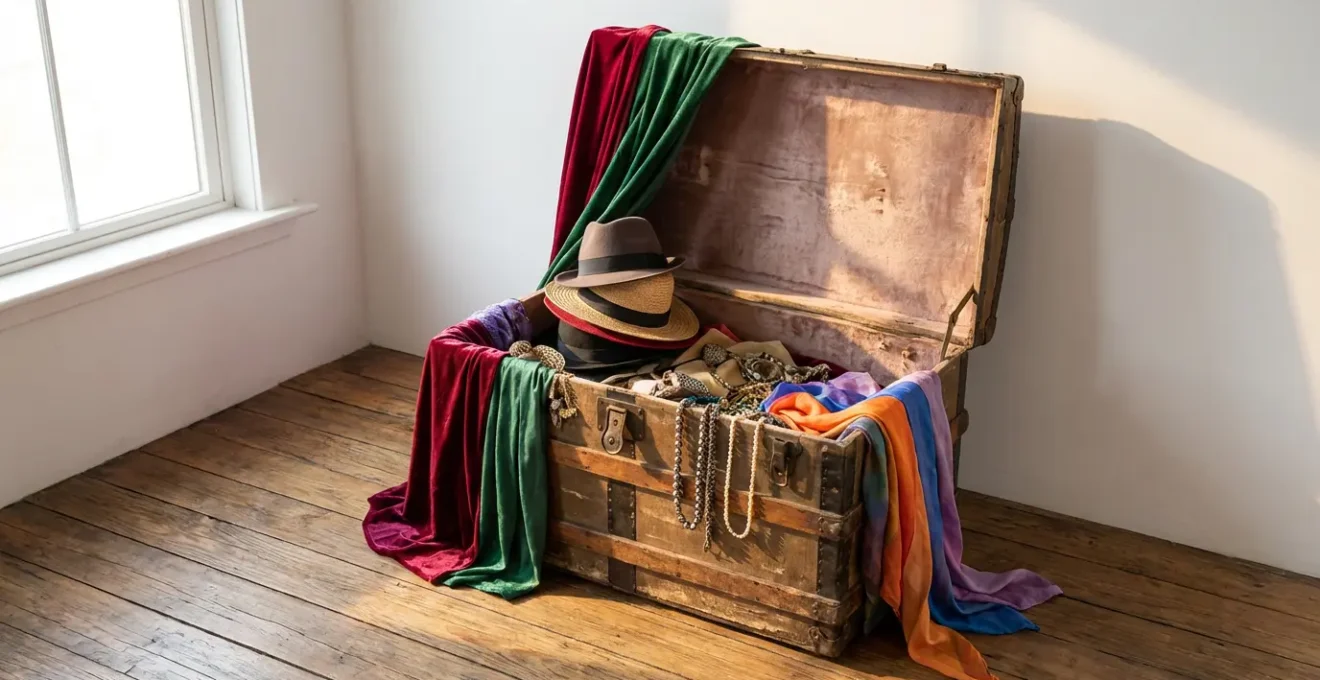 Baule aperto con accessori colorati e cappelli per bambini organizzati creativamente