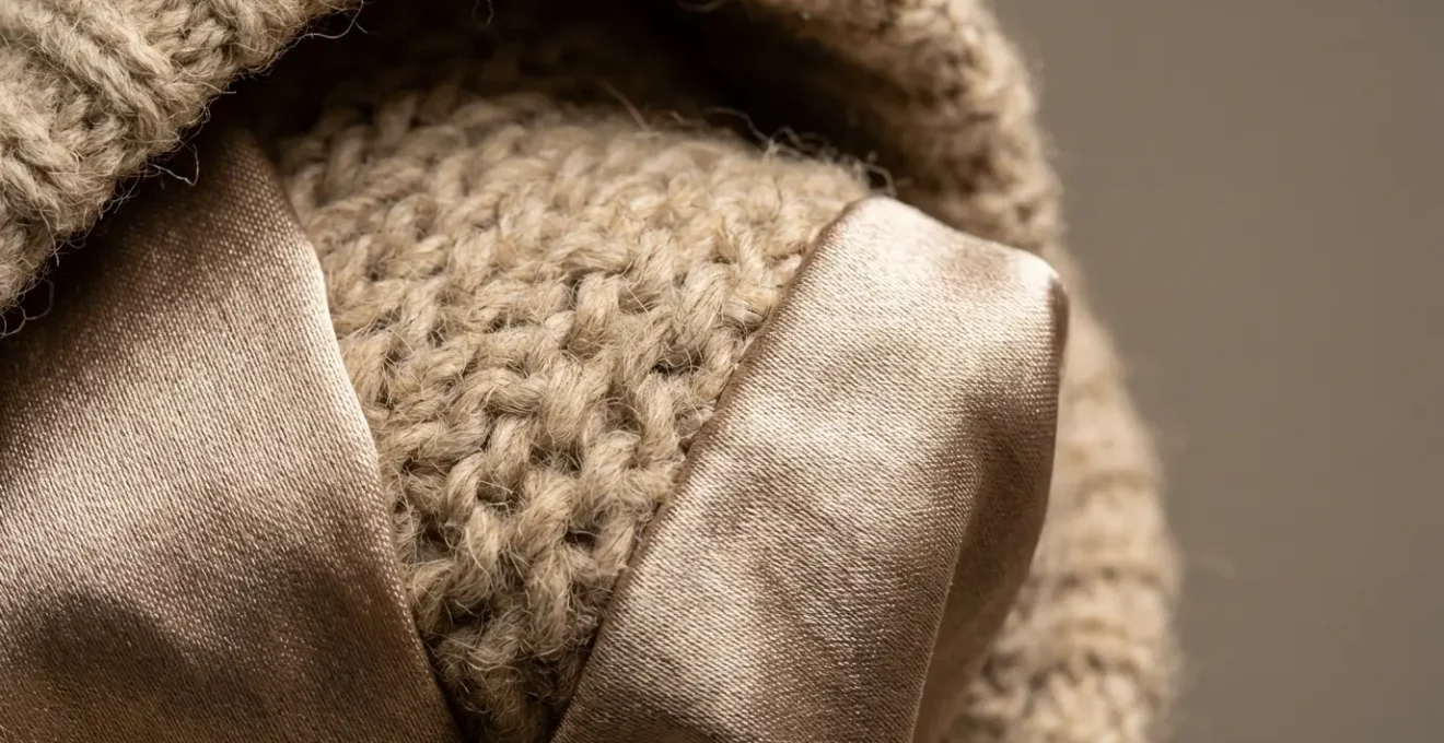 Dettaglio macro della fodera in seta all'interno di un berretto di lana