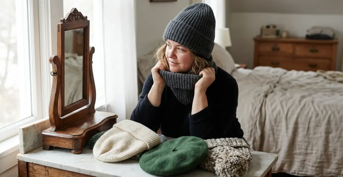 Donna con viso tondo che prova berretti diversi davanti allo specchio