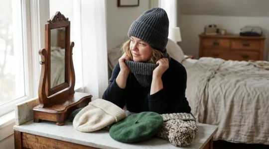 Donna con viso tondo che prova berretti diversi davanti allo specchio