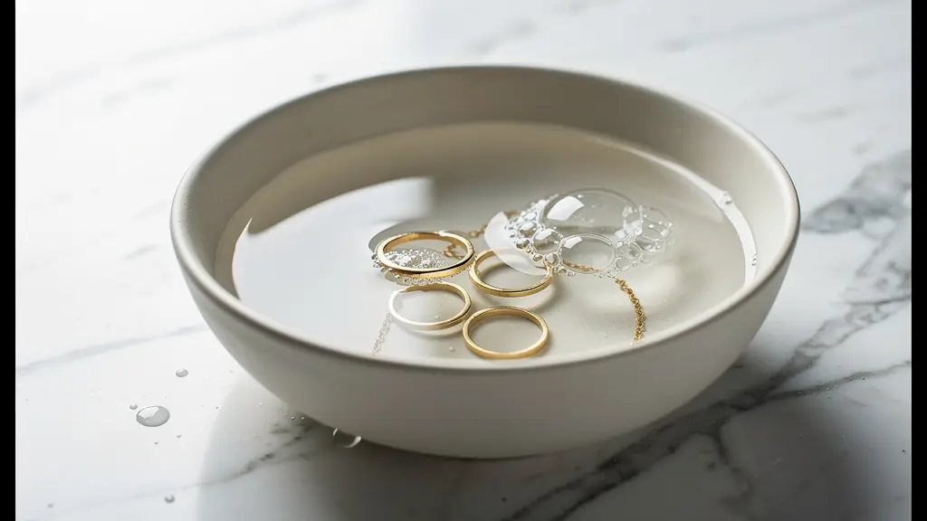 Gioielli placcati oro immersi in acqua saponata con bolle delicate