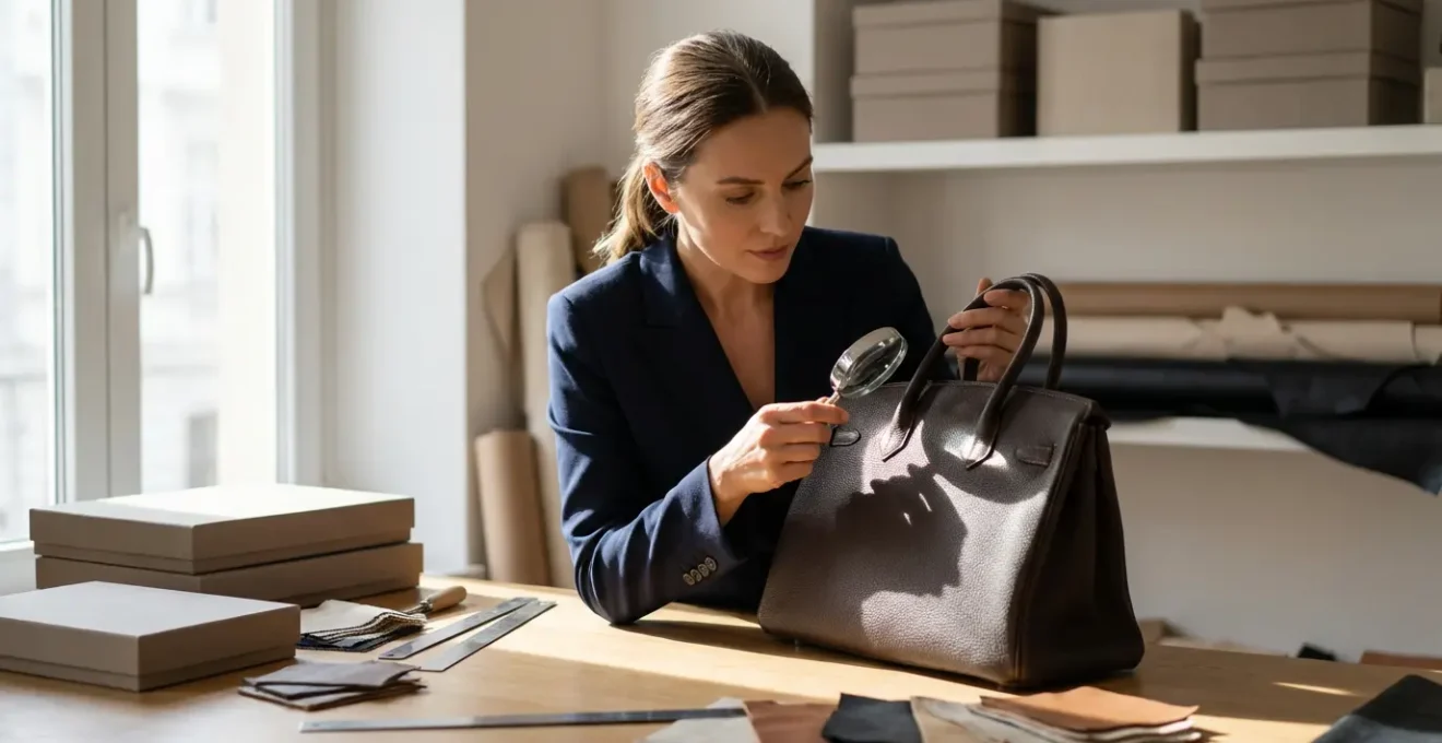 Esperta di moda esamina con attenzione una borsa di lusso in pelle pregiata attraverso una lente d'ingrandimento