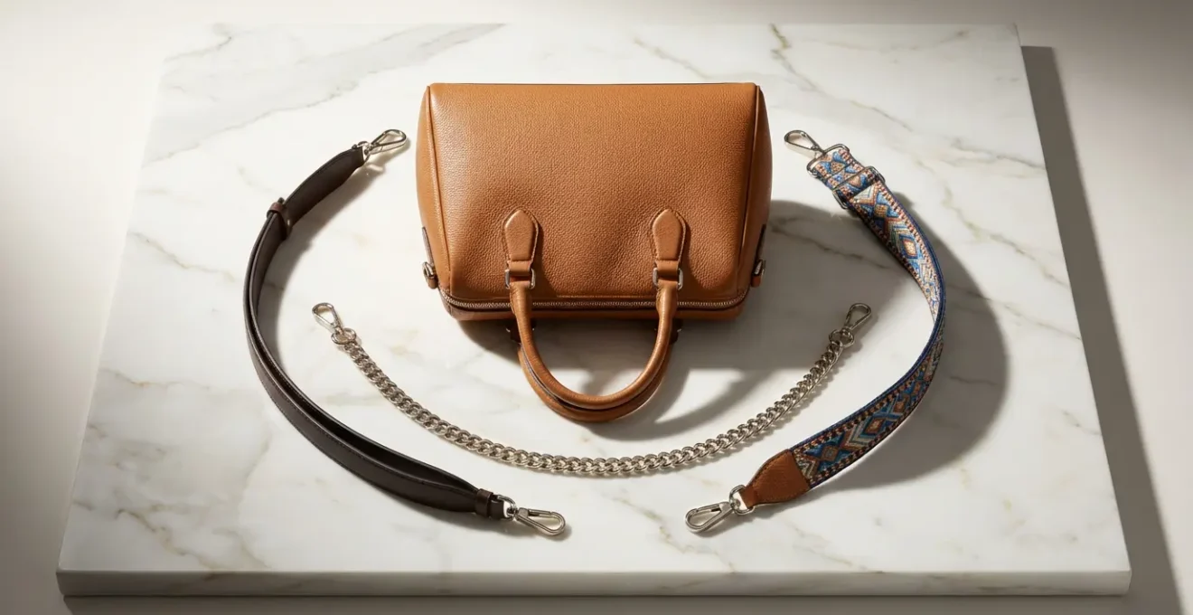 Borsa professionale nera con tre tracolle diverse disposte elegantemente su superficie di marmo, mostrando le possibilità di trasformazione