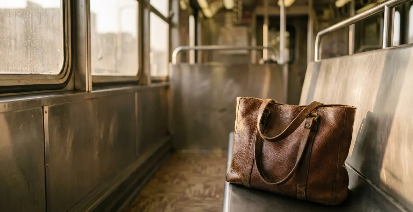 Borsa da lavoro in pelle martellata su sedile della metropolitana