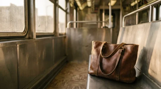 Borsa da lavoro in pelle martellata su sedile della metropolitana