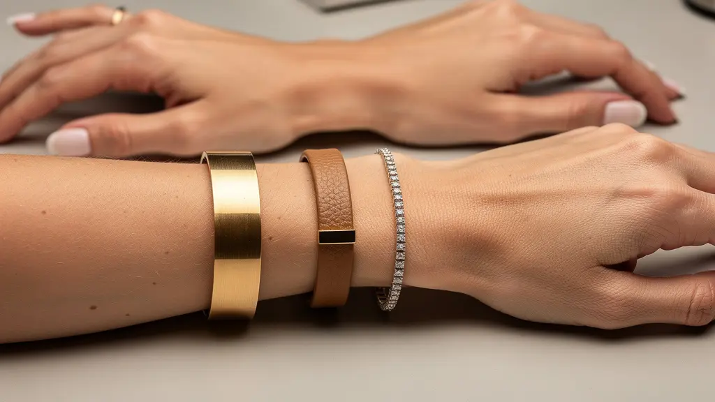 Dettaglio macro di polsi femminili con bracciali minimal in oro e pelle su scrivania moderna