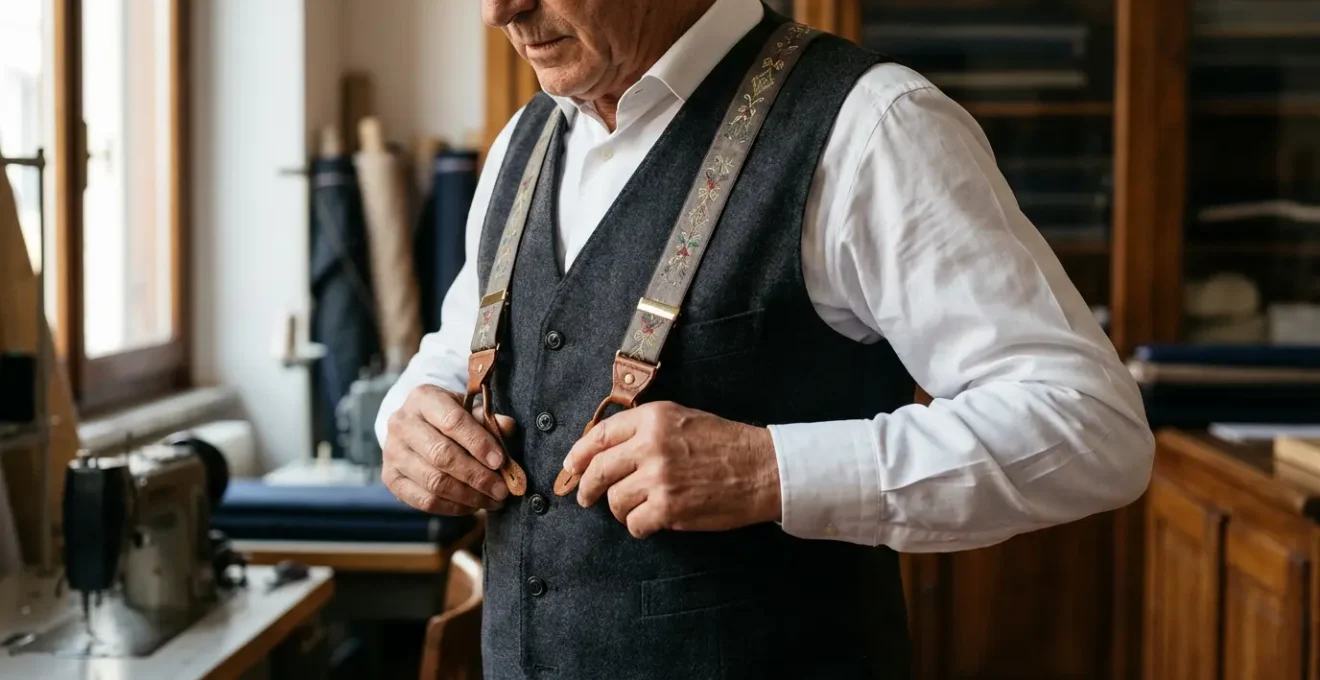 Dettaglio bretelle in seta su abito tre pezzi sartoriale