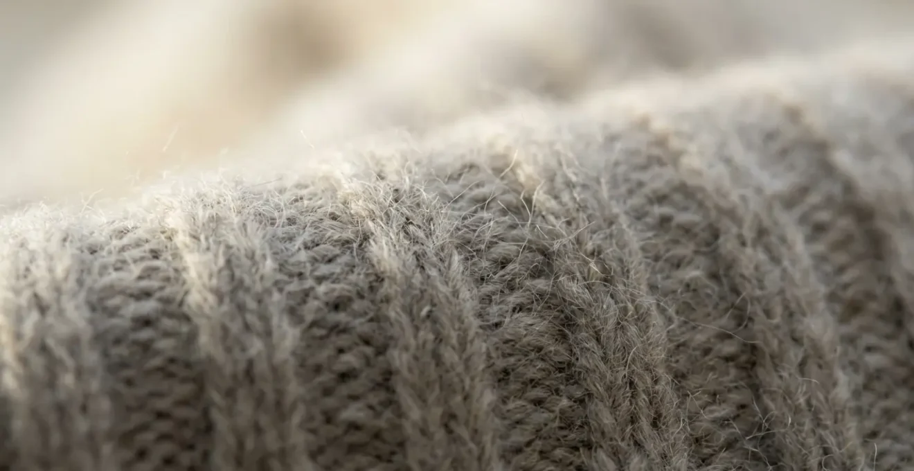 Dettaglio macro della texture morbida del cashmere di un cappello color grigio tortora