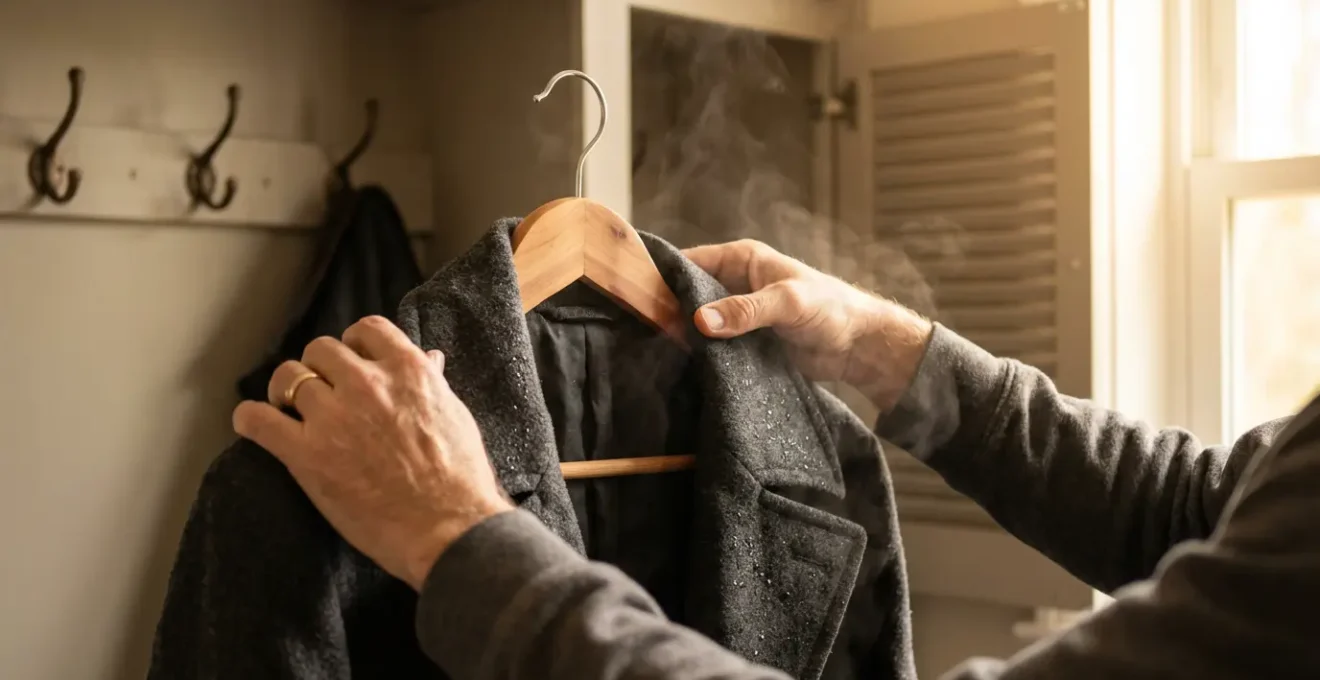 Cappotto appeso su gruccia di cedro in ambiente arieggiato