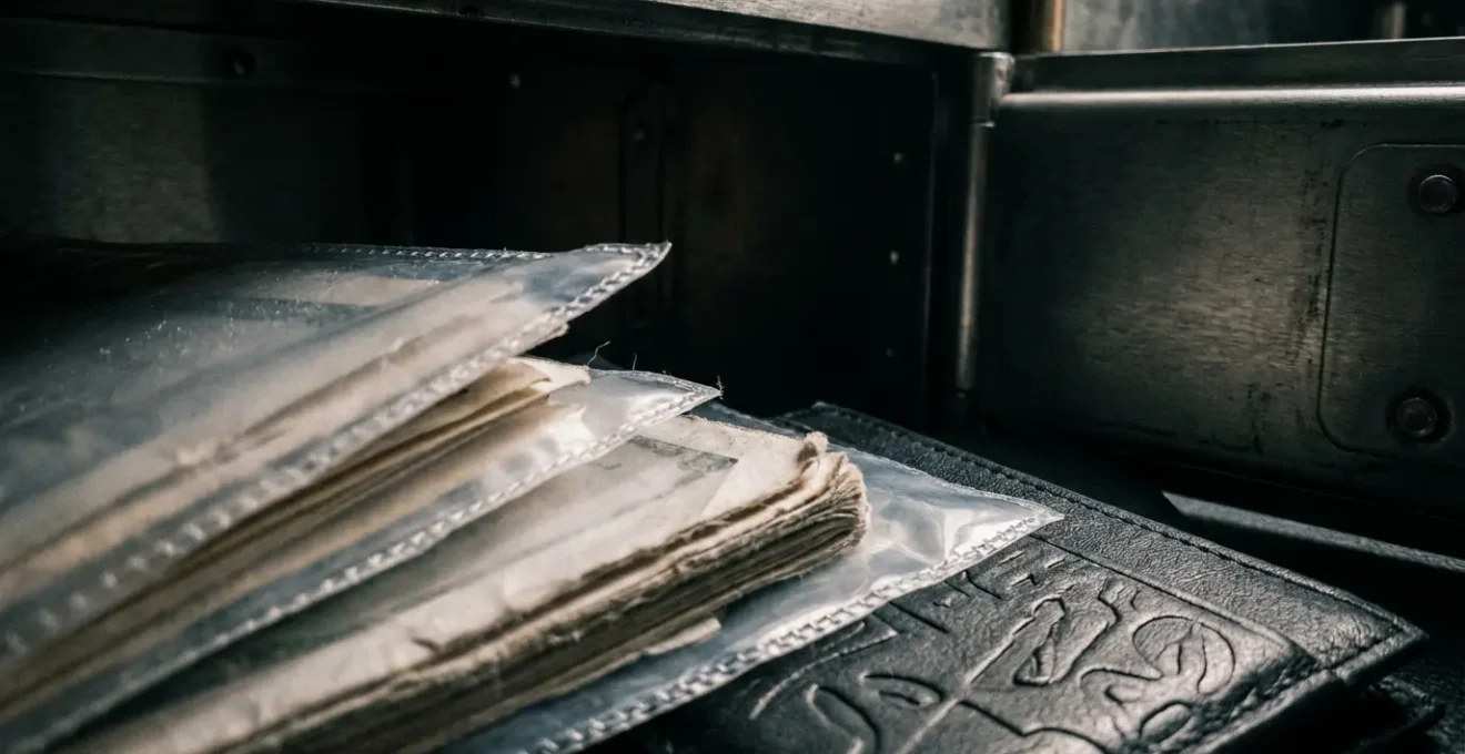 Cassetta di sicurezza aperta con documenti di orologi conservati in buste protettive