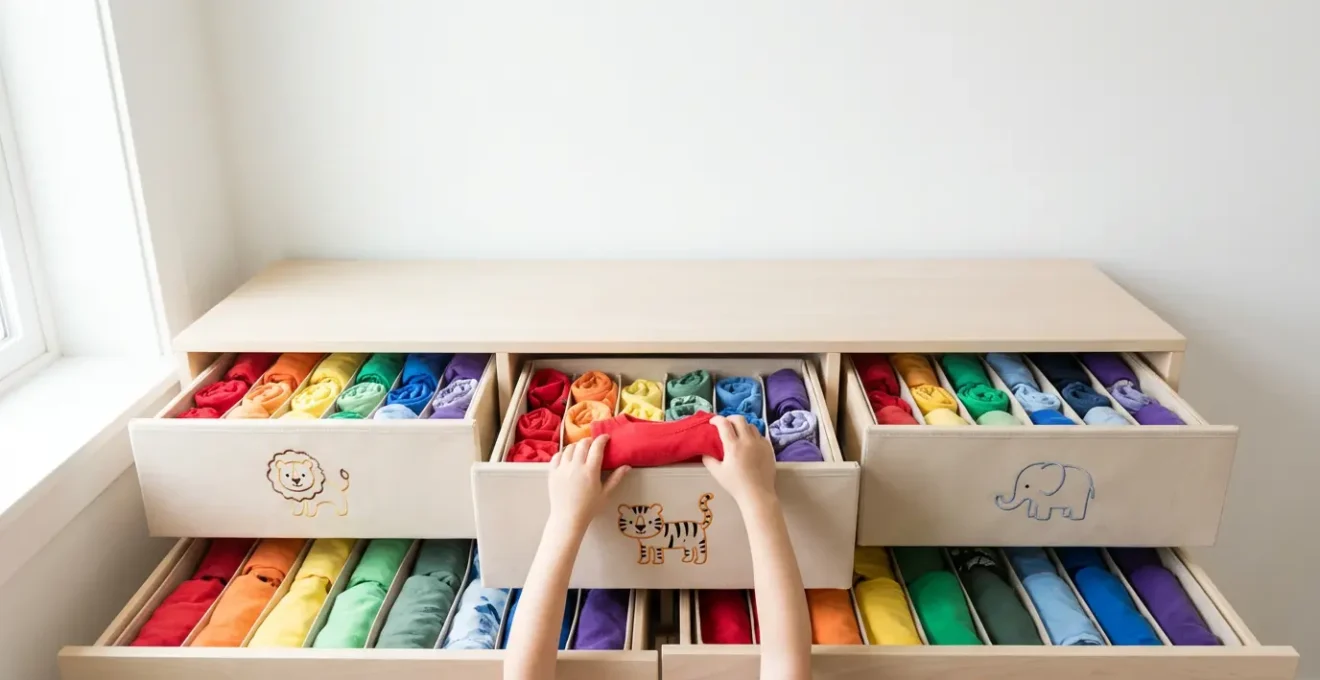 Sistema di cassetti colorati con etichette illustrate per ogni giorno della settimana