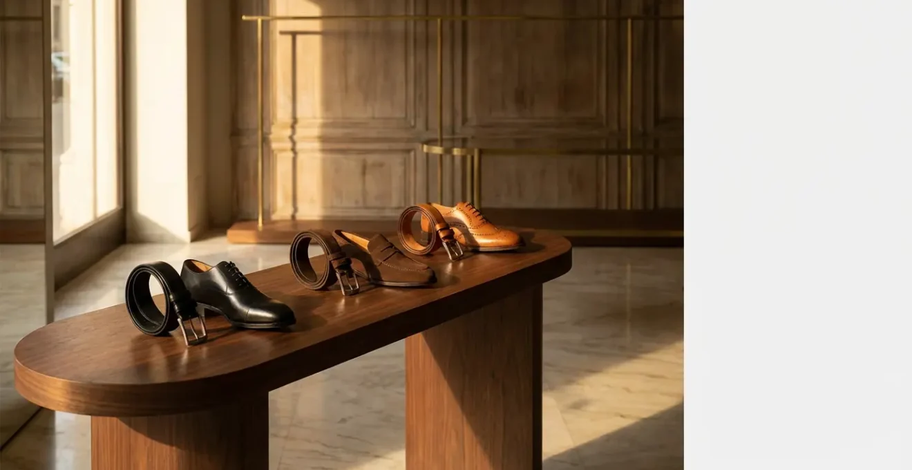 Elegante composizione di cinture in pelle e scarpe maschili coordinati per diverse occasioni