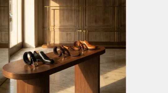 Elegante composizione di cinture in pelle e scarpe maschili coordinati per diverse occasioni