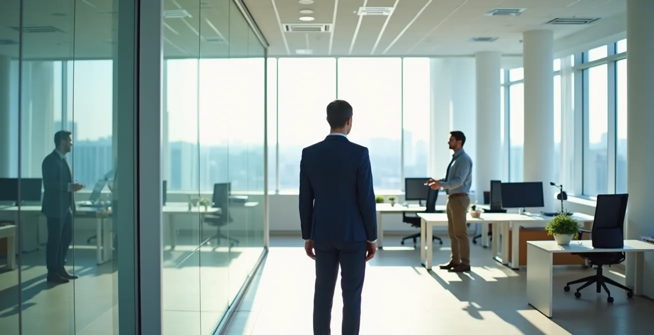 Confronto visivo tra abbigliamento business formal e business casual in ambiente ufficio moderno