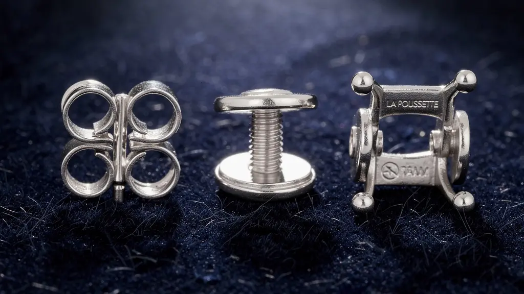 Dettaglio macro di diverse chiusure per orecchini punto luce