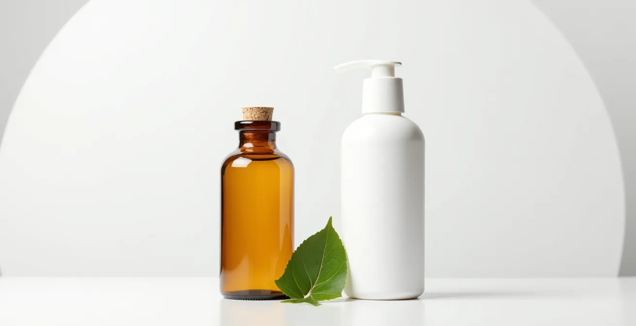 Composizione minimalista con flaconi di cosmetici bio e dermocosmetici su sfondo neutro