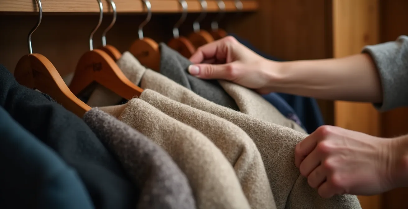 Cappotto in lana appeso con sacchetti di lavanda e legno di cedro nell'armadio
