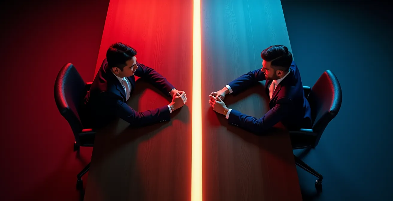 Confronto visivo tra l'impatto del rosso aggressivo e del blu rassicurante in un contesto negoziale