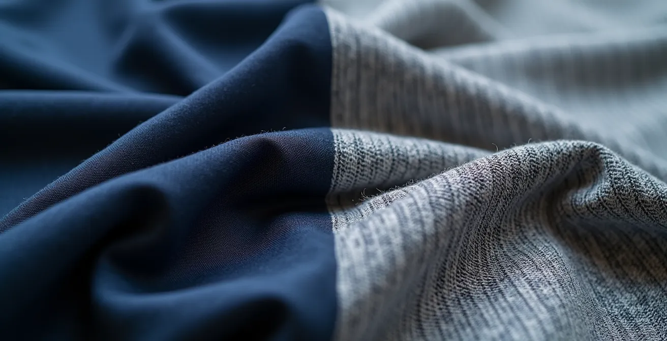 Dettaglio ravvicinato di tessuti blu navy e grigio con texture diverse per mostrare il contrasto materico