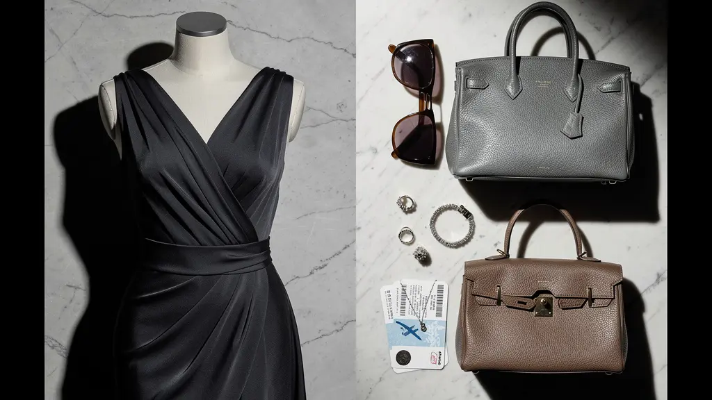 Composizione minimalista di accessori di lusso e biglietti viaggio accanto a tessuto elegante