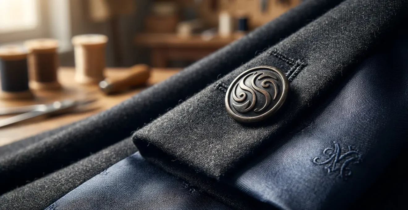 Primo piano macro di bottoni vintage unici e fodera personalizzata con pattern esclusivo