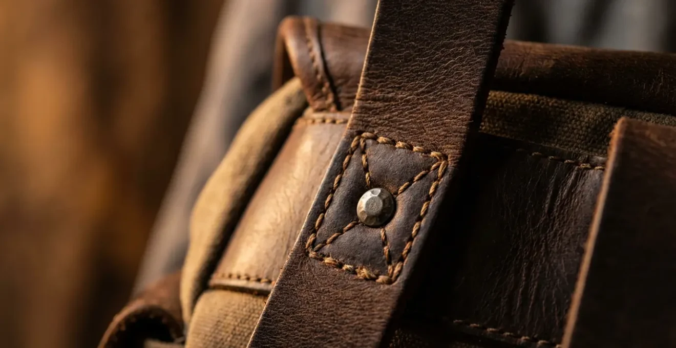 Vista ravvicinata delle cuciture rinforzate nell'attaccatura delle spalline di uno zaino professionale