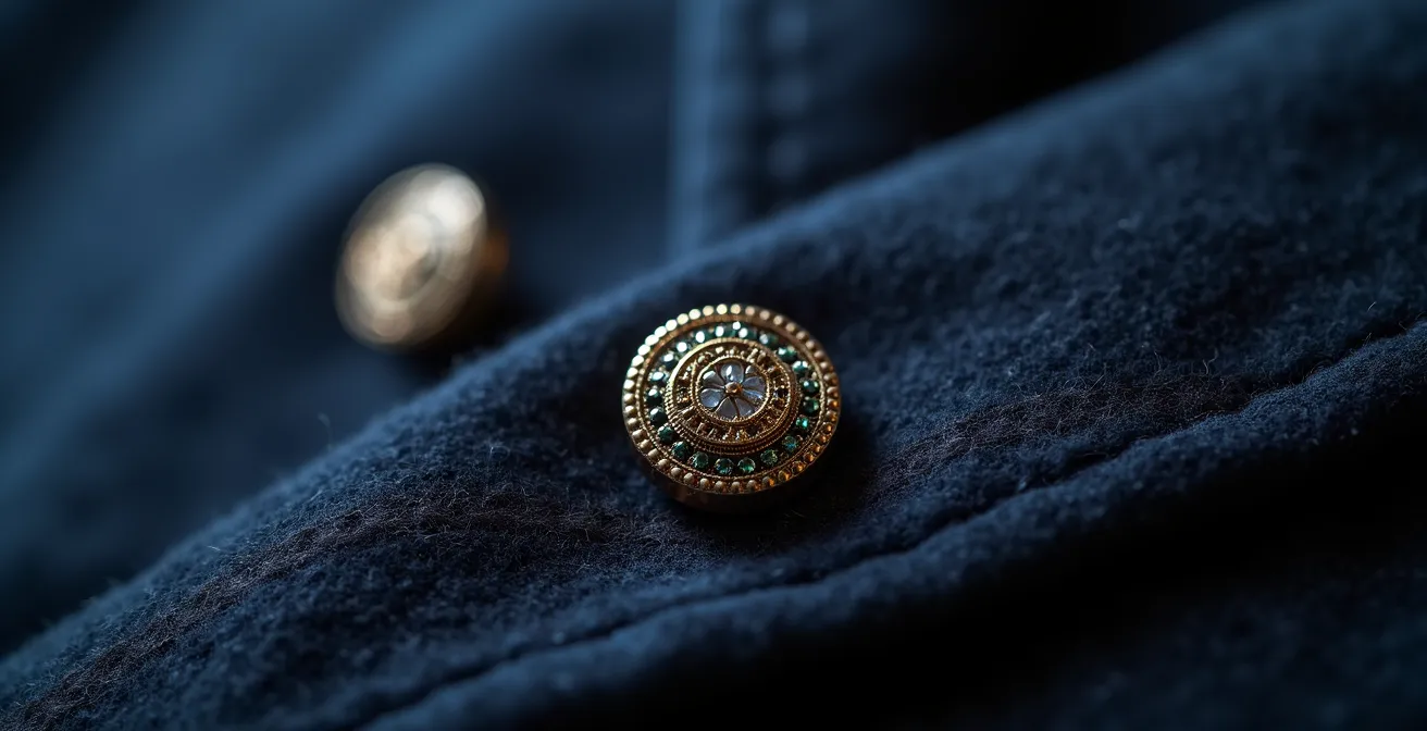 Dettaglio ravvicinato di bottoni gioiello smaltati su blazer classico