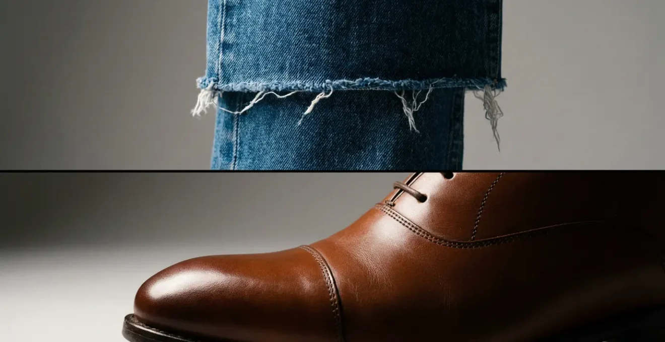 Primo piano di scarpa in pelle pregiata accostata a jeans denim basic