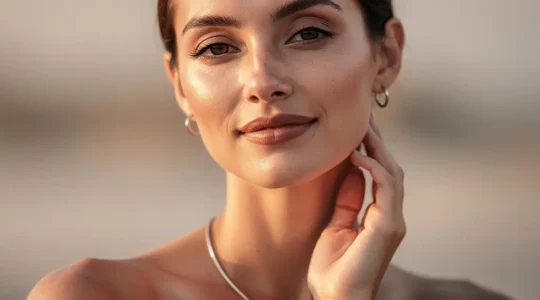 Donna elegante che indossa collana e orecchini in titanio ipoallergenico con riflessi luminosi