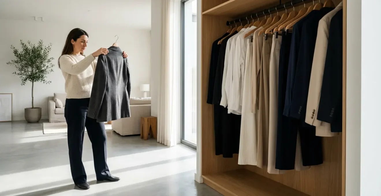 Donna che valuta capi di abbigliamento in un guardaroba ordinato e minimalista