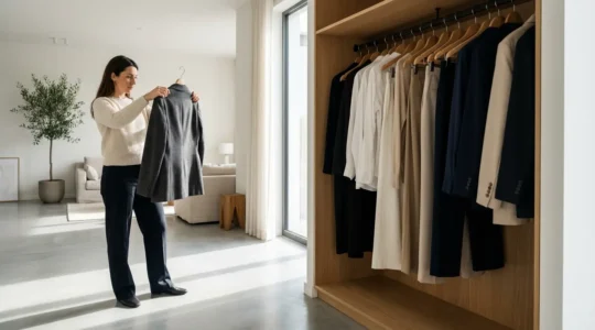 Donna che valuta capi di abbigliamento in un guardaroba ordinato e minimalista