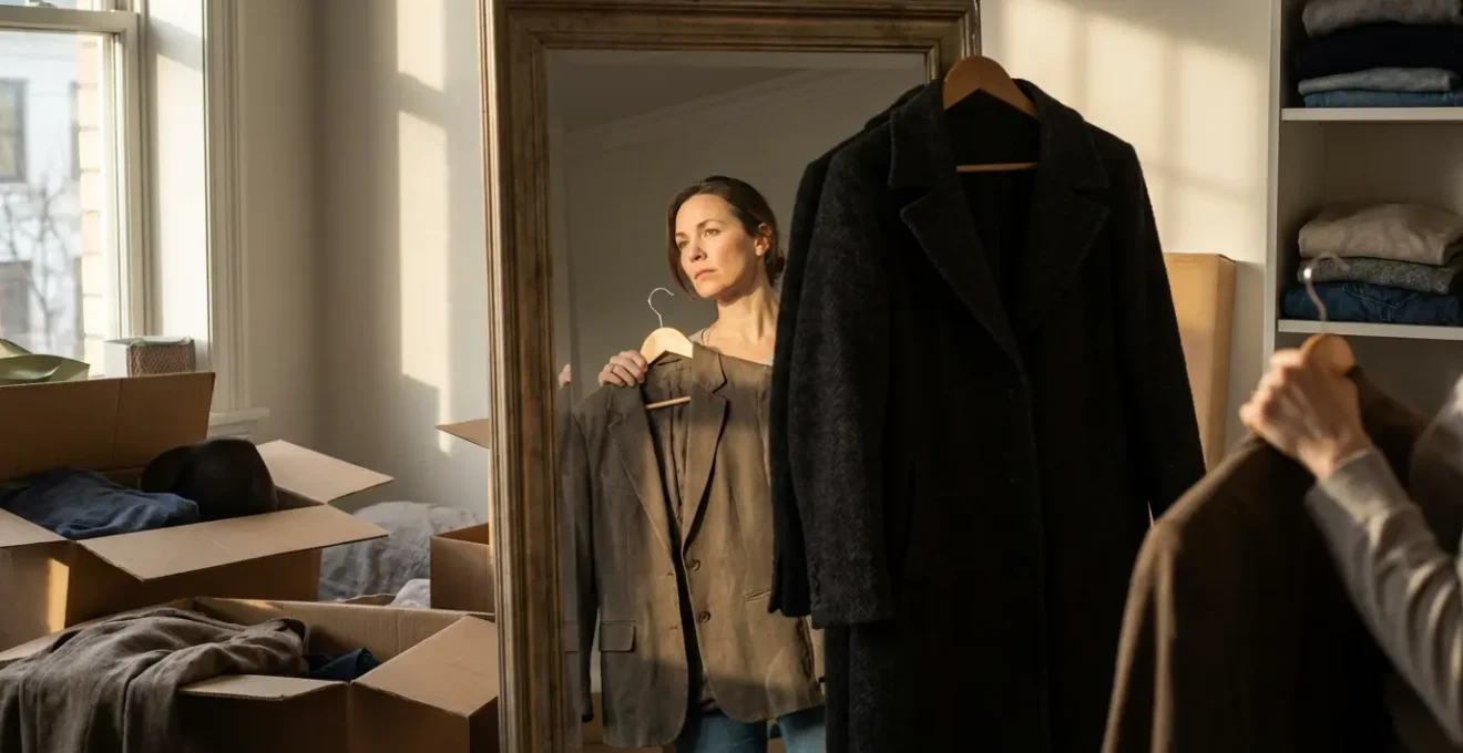 Donna matura che osserva pensierosa il proprio riflesso mentre tiene in mano vecchi e nuovi capi