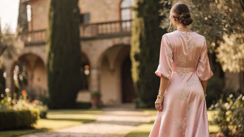 Elegante invitata al matrimonio in abito pastello con accessori raffinati nel giardino di una villa italiana