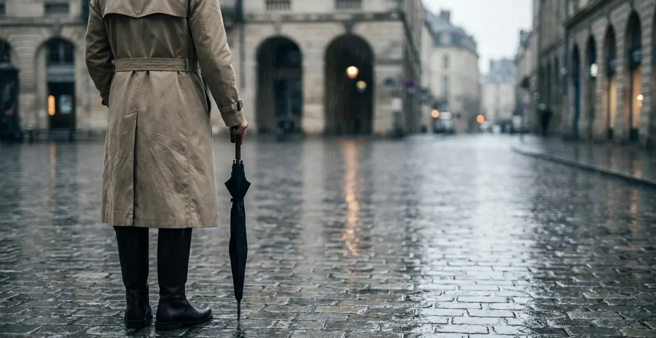 Persona elegante con trench in gabardine sotto la pioggia in città
