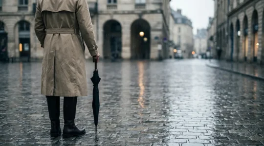Persona elegante con trench in gabardine sotto la pioggia in città